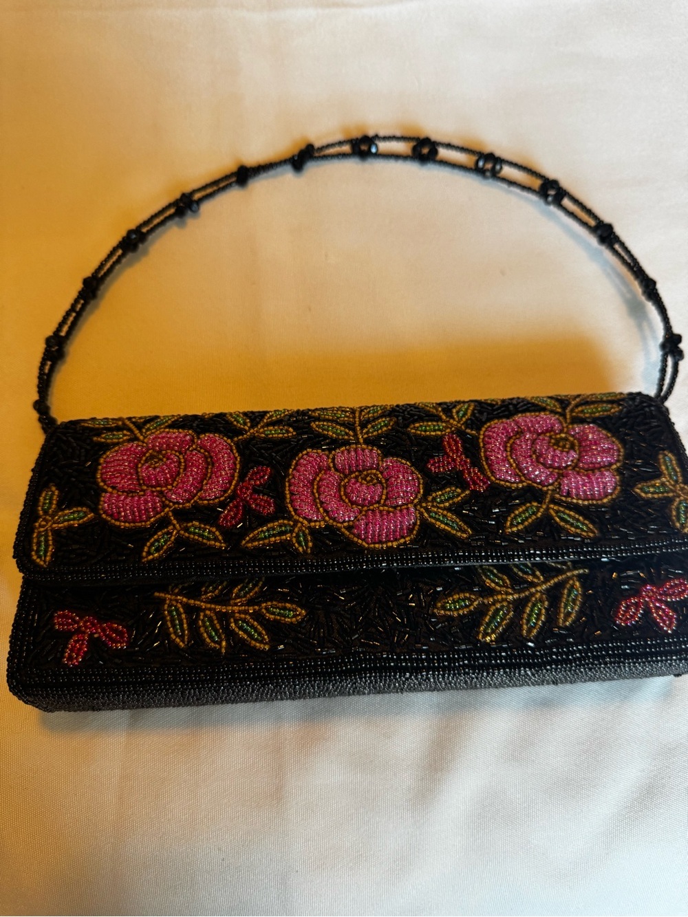 Beaded Black Clutch with Pink Rose Embroidery